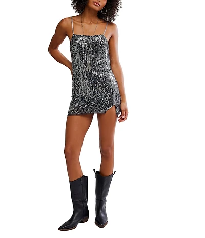 Free People Midnight Kiss Sequin Straight Neckline Sleeveless Mini Slip Dress