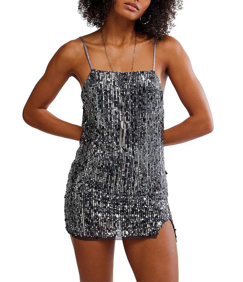 Free People Midnight Kiss Sequin Straight Neckline Sleeveless Mini Slip Dress