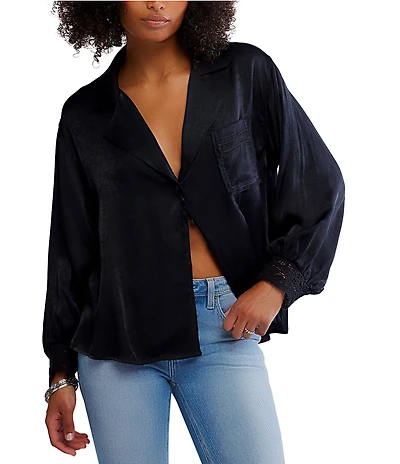 Free People Midnight Muse Woven Long Sleeve Notch Collar Coordinating Sleep Top