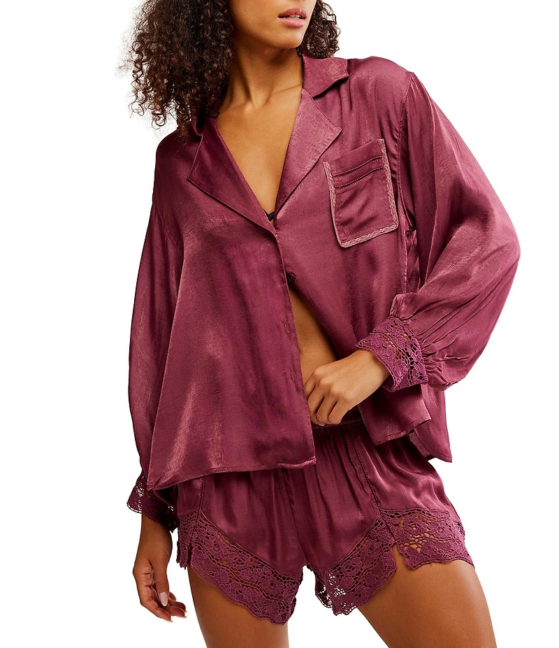 Free People Midnight Muse Woven Long Sleeve Notch Collar Coordinating Sleep Top