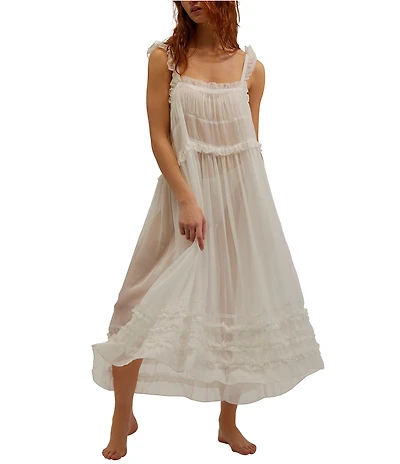 Free People Moon Phase Sleeveless Square Neck Sheer Ruffled Midi Slip