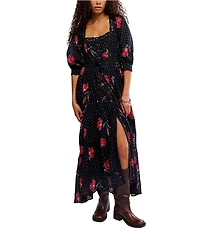 Free People Morning Meadows Floral Dotted Printed Square Neck 3/4 Sleeve Maxi Dress
