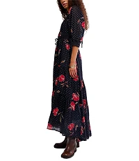 Free People Morning Meadows Floral Dotted Printed Square Neck 3/4 Sleeve Maxi Dress