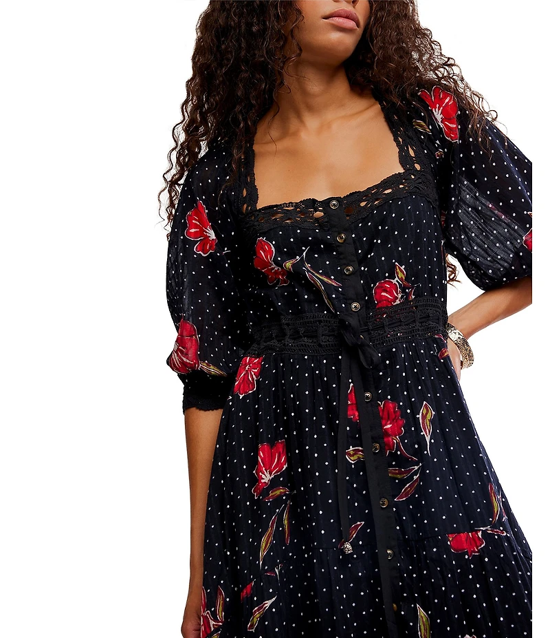 Free People Morning Meadows Floral Dotted Printed Square Neck 3/4 Sleeve Maxi Dress