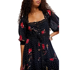 Free People Morning Meadows Floral Dotted Printed Square Neck 3/4 Sleeve Maxi Dress