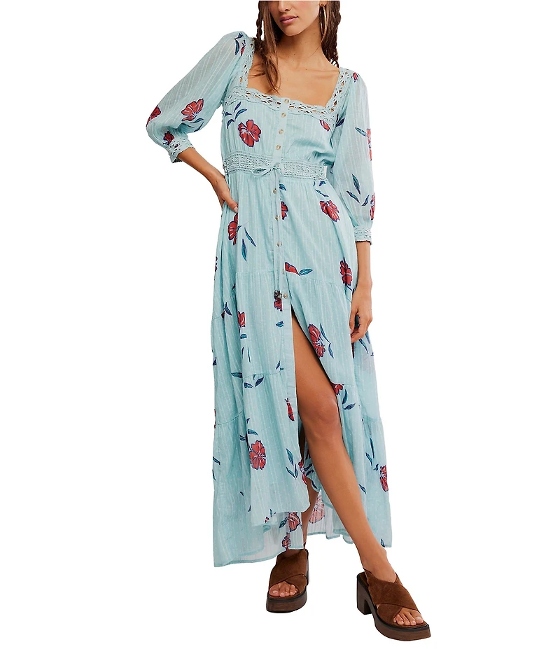 Free People Morning Meadows Floral Dotted Printed Square Neck 3/4 Sleeve Maxi Dress