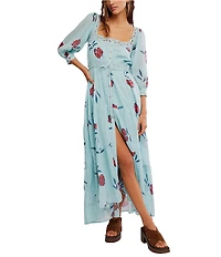 Free People Morning Meadows Floral Dotted Printed Square Neck 3/4 Sleeve Maxi Dress