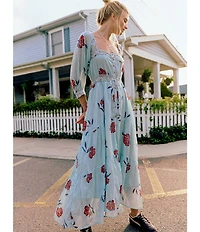 Free People Morning Meadows Floral Dotted Printed Square Neck 3/4 Sleeve Maxi Dress