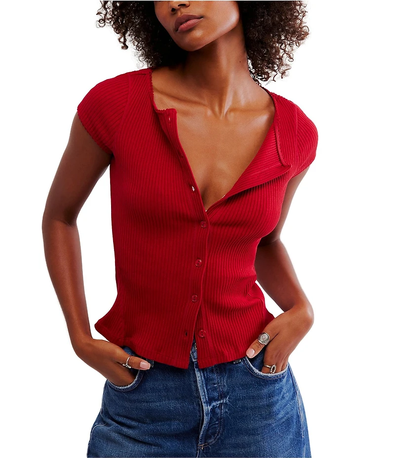 Free People Most Wanted Crew Neckline Cap Sleeve Button Front Cardigan