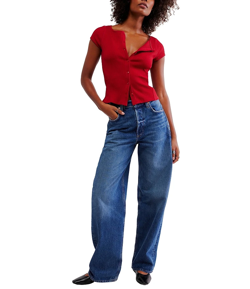 Free People Most Wanted Crew Neckline Cap Sleeve Button Front Cardigan