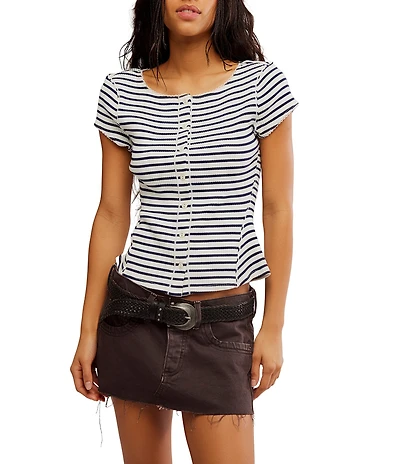 Free People Most Wanted Striped Crew Neck Cap Sleeve Button Front Ribbed Knit Cardi Top