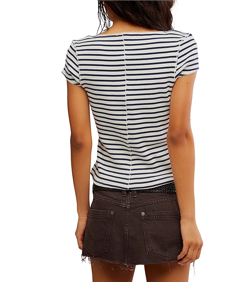 Free People Most Wanted Striped Crew Neck Cap Sleeve Button Front Ribbed Knit Cardi Top