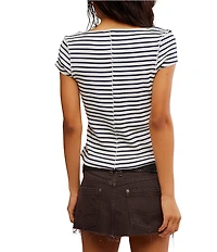Free People Most Wanted Striped Crew Neck Cap Sleeve Button Front Ribbed Knit Cardi Top