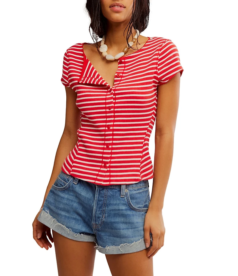 Free People Most Wanted Striped Crew Neck Cap Sleeve Button Front Ribbed Knit Cardi Top