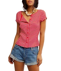 Free People Most Wanted Striped Crew Neck Cap Sleeve Button Front Ribbed Knit Cardi Top