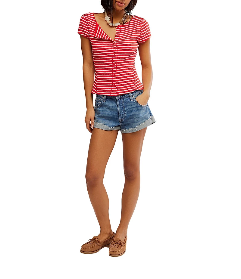 Free People Most Wanted Striped Crew Neck Cap Sleeve Button Front Ribbed Knit Cardi Top