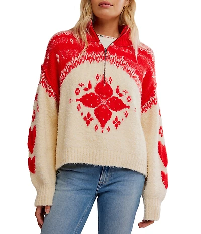 Free People Mythical Quarter Zip V-Neck Long Sleeve Wool Sweater