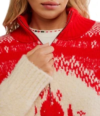 Free People Mythical Quarter Zip V-Neck Long Sleeve Wool Sweater