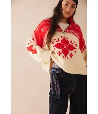 Free People Mythical Quarter Zip V-Neck Long Sleeve Wool Sweater