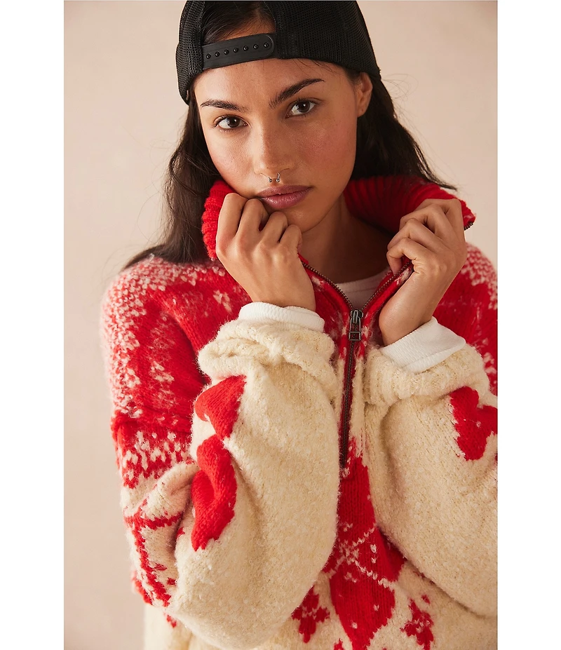 Free People Mythical Quarter Zip V-Neck Long Sleeve Wool Sweater