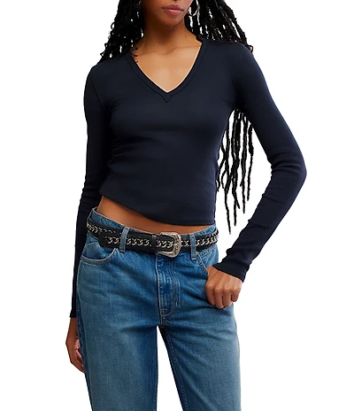 Free People Neria V-Neck Long Sleeve Exposed Seam Tee