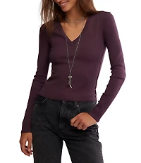Free People Neria V-Neck Long Sleeve Exposed Seam Tee