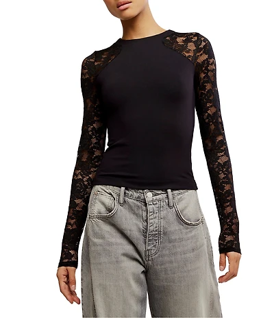 Free People No Excuses Crew Neck Long Sleeve Pull On Fitted Top