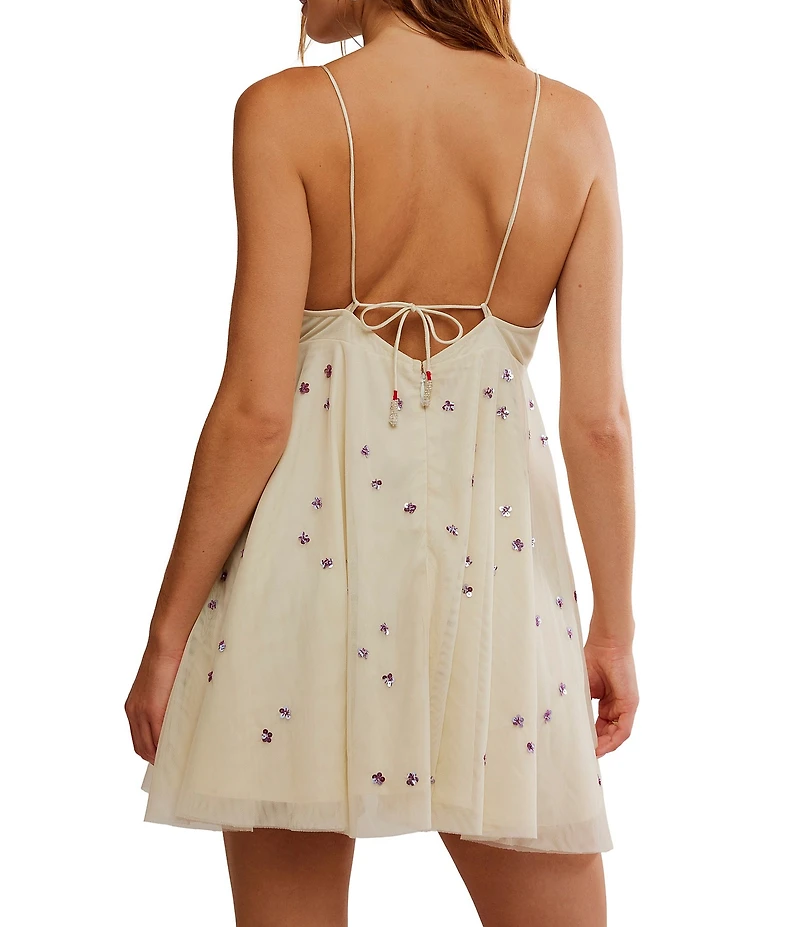 Free People Noel Shine V-Neck Sleeveless Embellished Tulle Mini Dress