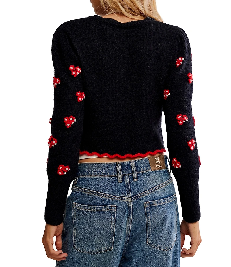 Free People Nonna Crew Neck Long Sleeve Embroidered Knit Cardigan