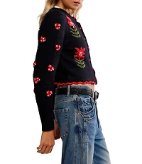 Free People Nonna Crew Neck Long Sleeve Embroidered Knit Cardigan
