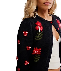 Free People Nonna Crew Neck Long Sleeve Embroidered Knit Cardigan