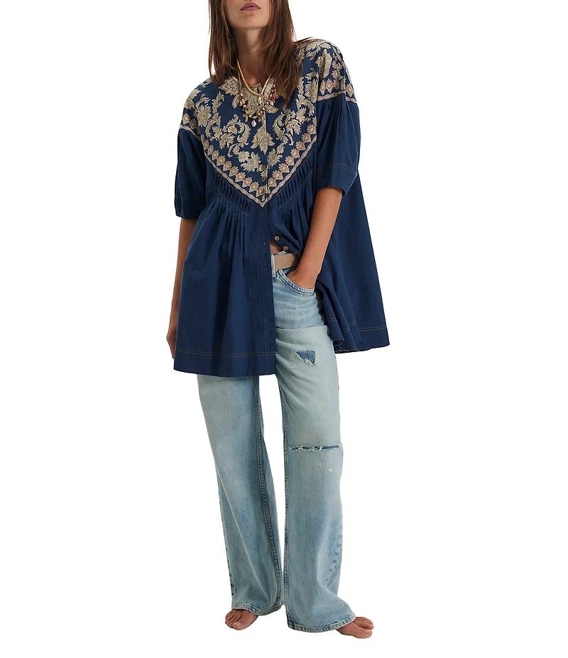 Free People Orson Round Neck Short Sleeve Button Front Mini Dress