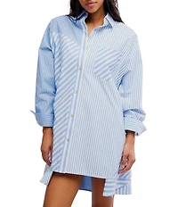 Free People Oxford Club Striped Collared Long Sleeve Button Front Mini Shirt Dress