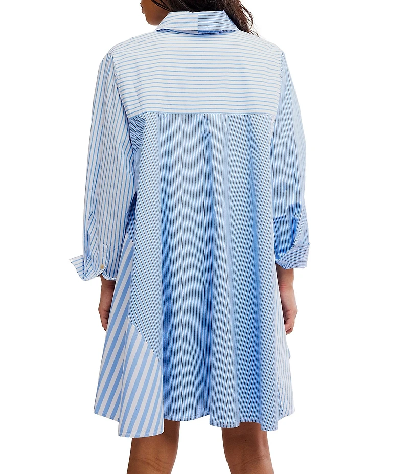 Free People Oxford Club Striped Collared Long Sleeve Button Front Mini Shirt Dress