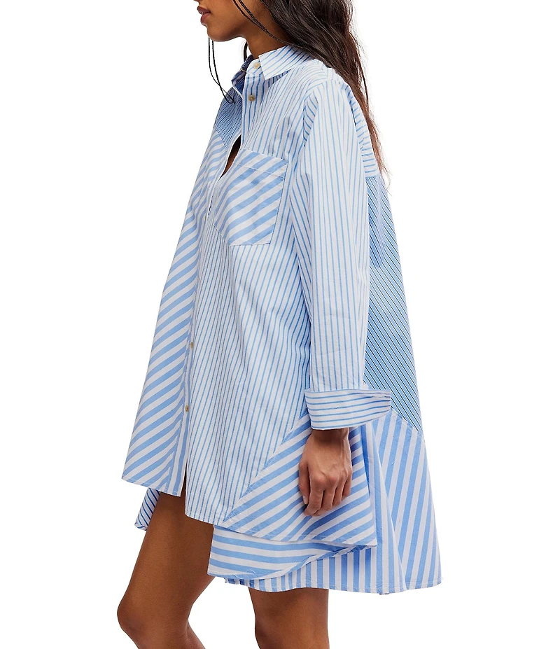 Free People Oxford Club Striped Collared Long Sleeve Button Front Mini Shirt Dress
