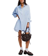 Free People Oxford Club Striped Collared Long Sleeve Button Front Mini Shirt Dress