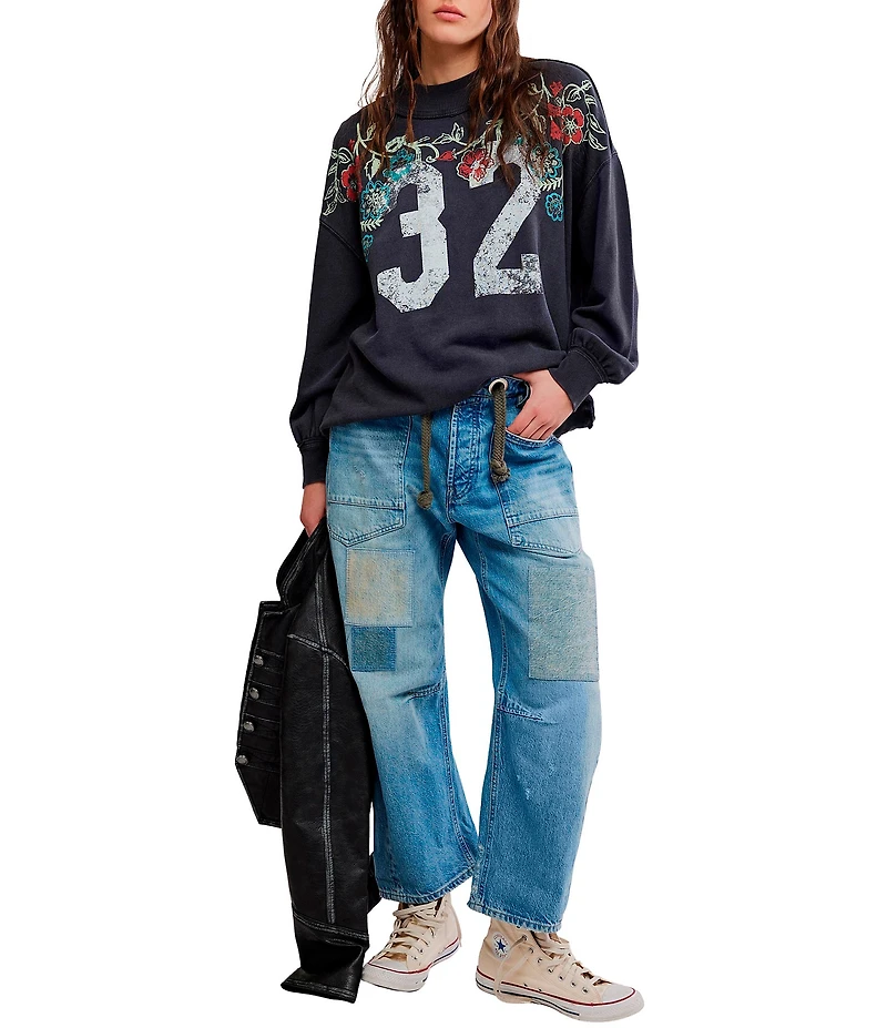 Free People Palm Spring Graphic Mock Neck Long Sleeve Pullover