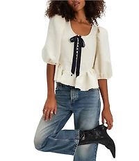 Free People Pamela Bow Satin Jacquard Scoop Neck Short Puff Sleeve Ruffle Hem Top