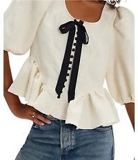Free People Pamela Bow Satin Jacquard Scoop Neck Short Puff Sleeve Ruffle Hem Top