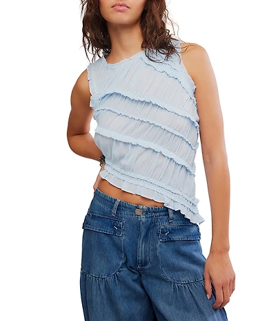 Free People Pink Sands Smocked Crew Neck Sleeveless Asymmetric Hem Tank Top