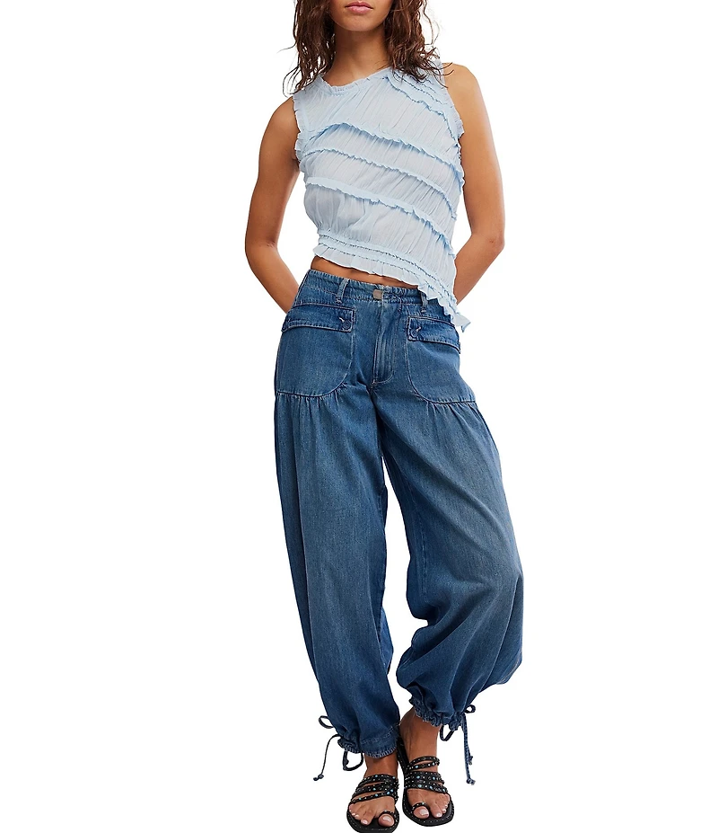 Free People Pink Sands Smocked Crew Neck Sleeveless Asymmetric Hem Tank Top