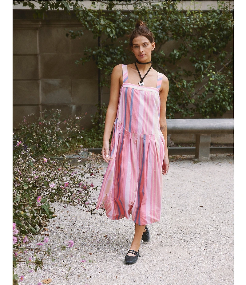 Free People Primavera Stripe Square Neck Sleeveless Midi Shift Dress