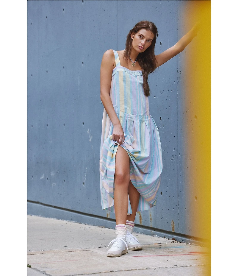 Free People Primavera Stripe Square Neck Sleeveless Midi Shift Dress