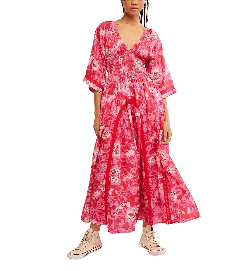 Free People Printed Dixie V Neck 3/4 Sleeve Maxi Dress