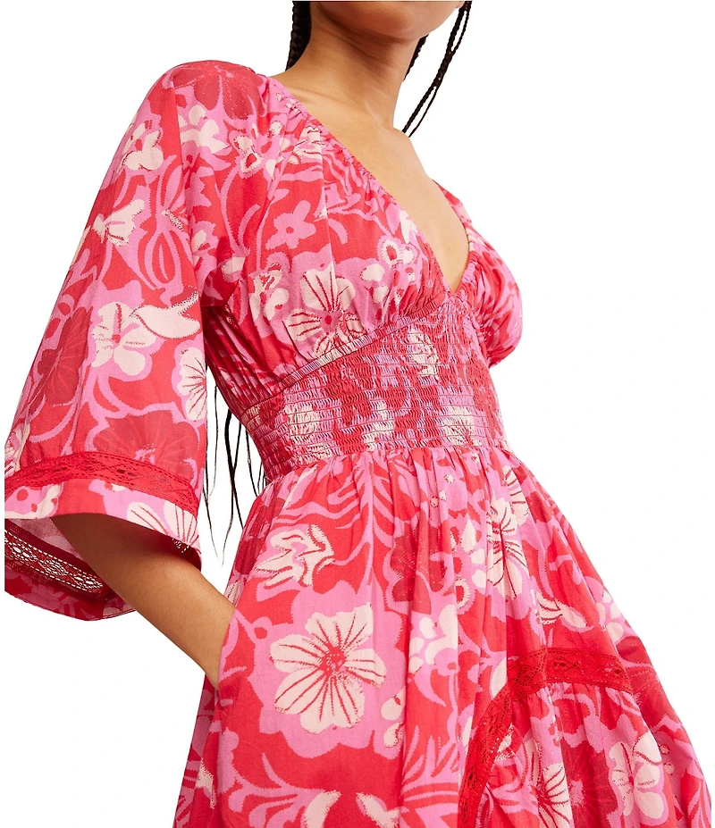 Free People Printed Dixie V Neck 3/4 Sleeve Maxi Dress