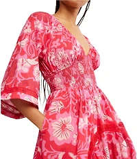 Free People Printed Dixie V Neck 3/4 Sleeve Maxi Dress