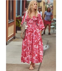 Free People Printed Dixie V Neck 3/4 Sleeve Maxi Dress