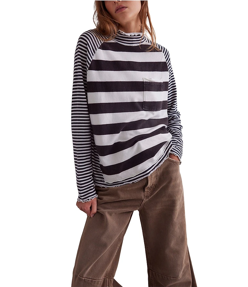 Free People Punk Playful Stripe Print Mock Neck Long Sleeve Top