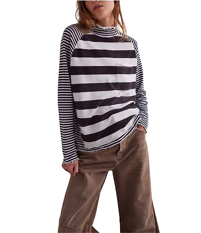 Free People Punk Playful Stripe Print Mock Neck Long Sleeve Top