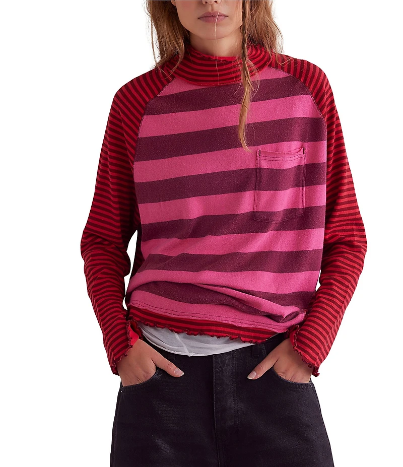 Free People Punk Playful Stripe Print Mock Neck Long Sleeve Top